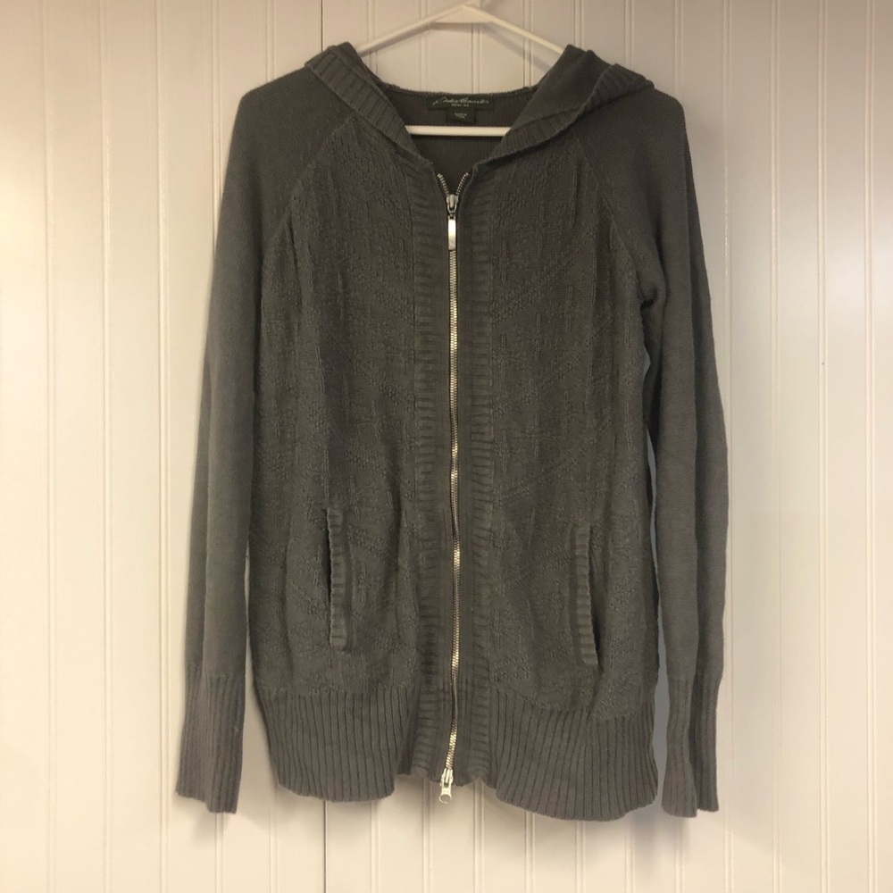 Eddie Bauer Gray Hooded Zip-Up Cardigan Sweater Textured Large